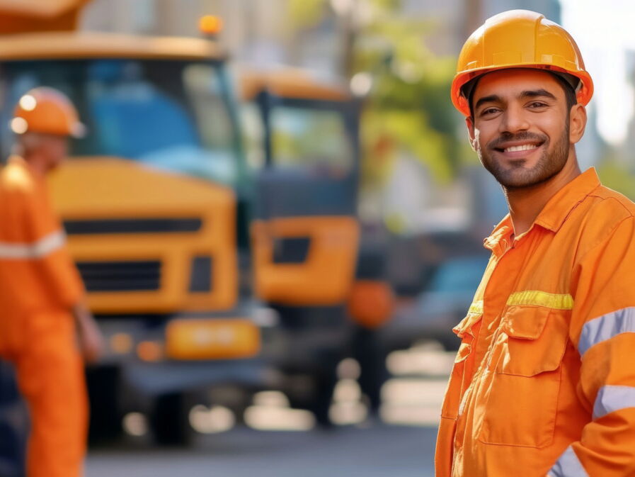 Ein freundlicher junger Mann in orangefarbener Arbeitskleidung und Schutzhelm steht im Vordergrund auf einer Straße. Im Hintergrund sind ein zweiter Arbeiter sowie große orange Fahrzeuge zu sehen