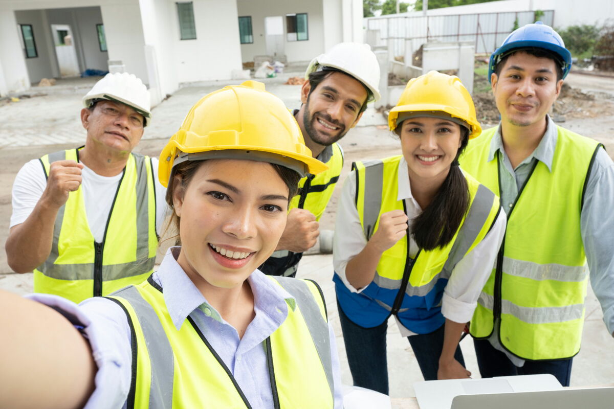 Female construction engineer uses smartphone to take selfie with manager and male architect team