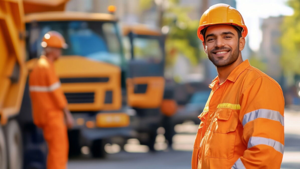 Ein freundlicher junger Mann in orangefarbener Arbeitskleidung und Schutzhelm steht im Vordergrund auf einer Straße. Im Hintergrund sind ein zweiter Arbeiter sowie große orange Fahrzeuge zu sehen